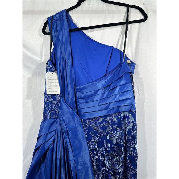 NWT $608 Tadashi Shoji [ 14 ] Embroidered Lace One‎ Shoulder Taffeta Gown Blue - Picture 12 of 15